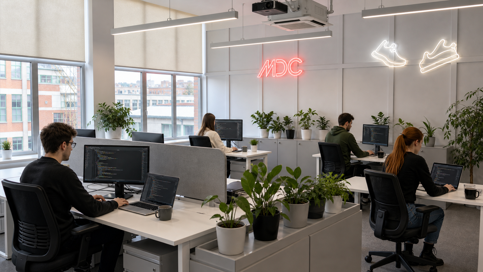 Bata MDC office workspace with red MDC neon and white shoe neon lights